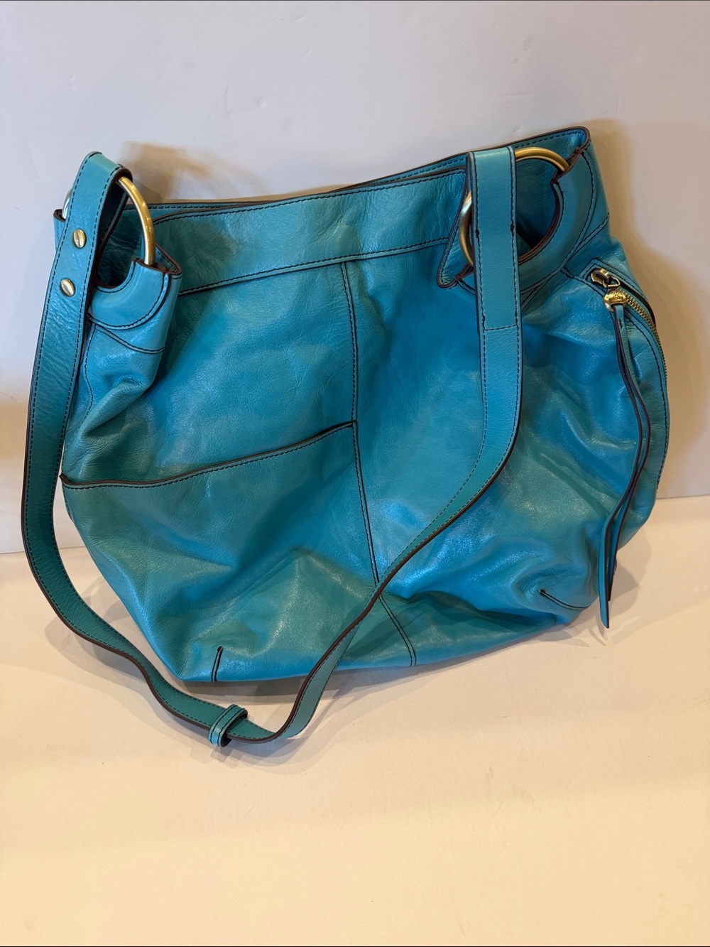 HOBO Turquoise Leather Shoulder Bag with Gold Hardware